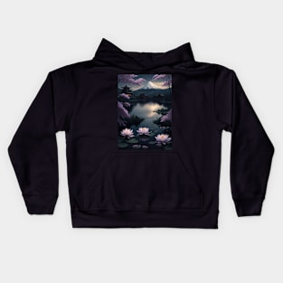 Serene Mount Fuji Sunset - Peaceful River Scenery - Lotus Flowers Kids Hoodie